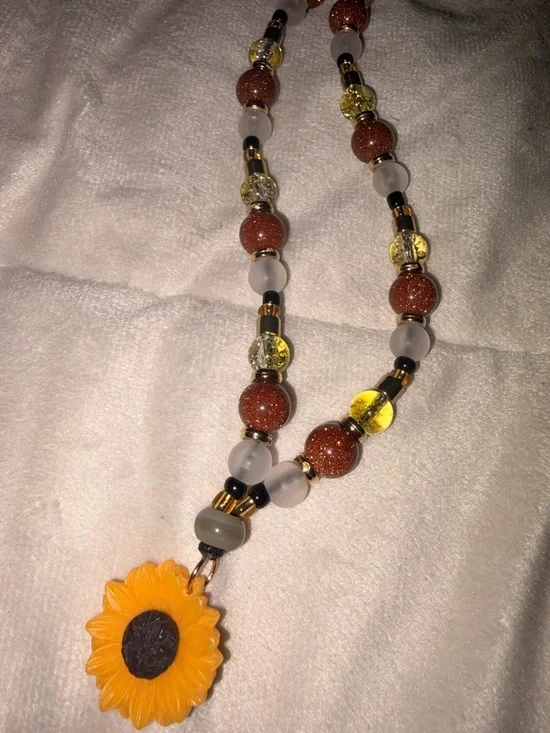 Sunflower Pendant Beaded Necklace - Yellow and Brown - Picture 2 of 4